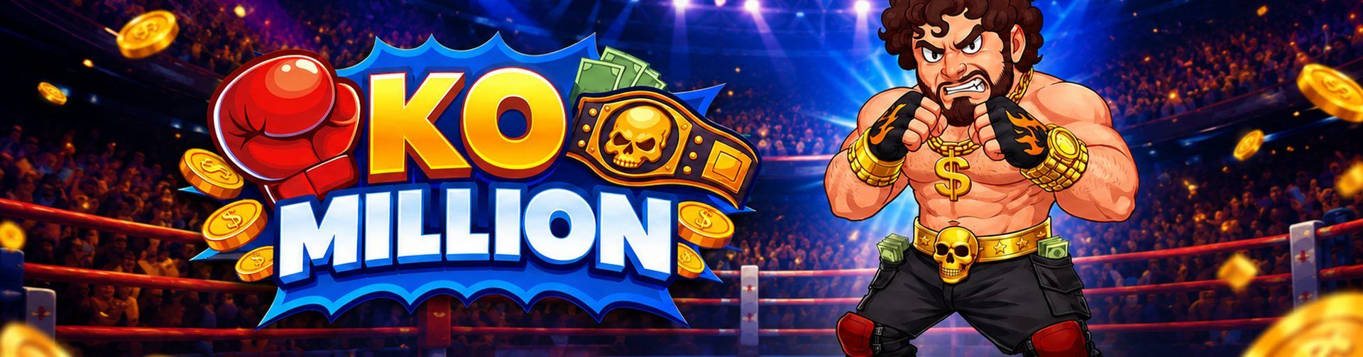 Banner del gioco KO Million di InOut Games: pugile in guardia su un ring sotto una pioggia di monete d'oro